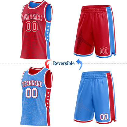Custom Red White-Powder Blue Side Panel Stripe Stars Geometric Shatter Starburst Reversible Double Side Sublimation Basketball Set Jersey