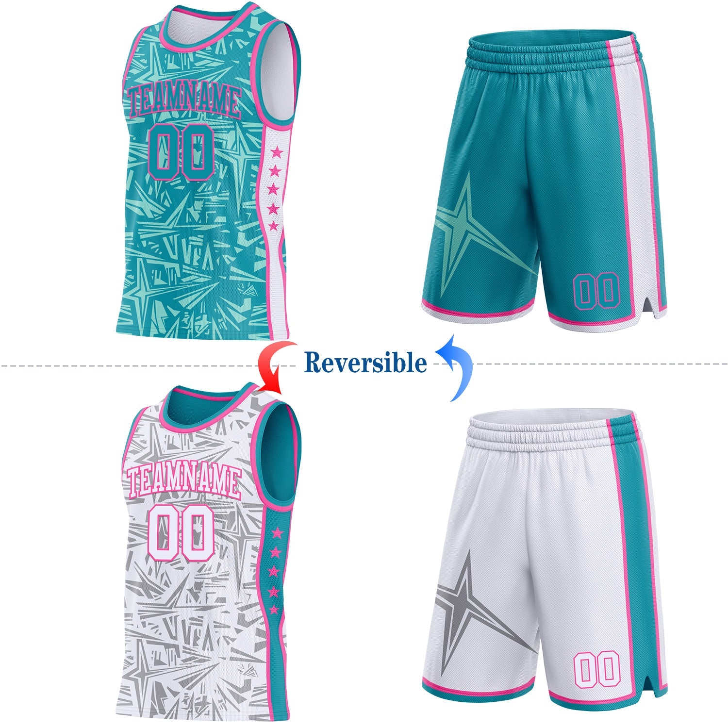 Custom Teal Pink-White Side Panel Stripe Stars Geometric Shatter Starburst Reversible Double Side Sublimation Basketball Set Jersey