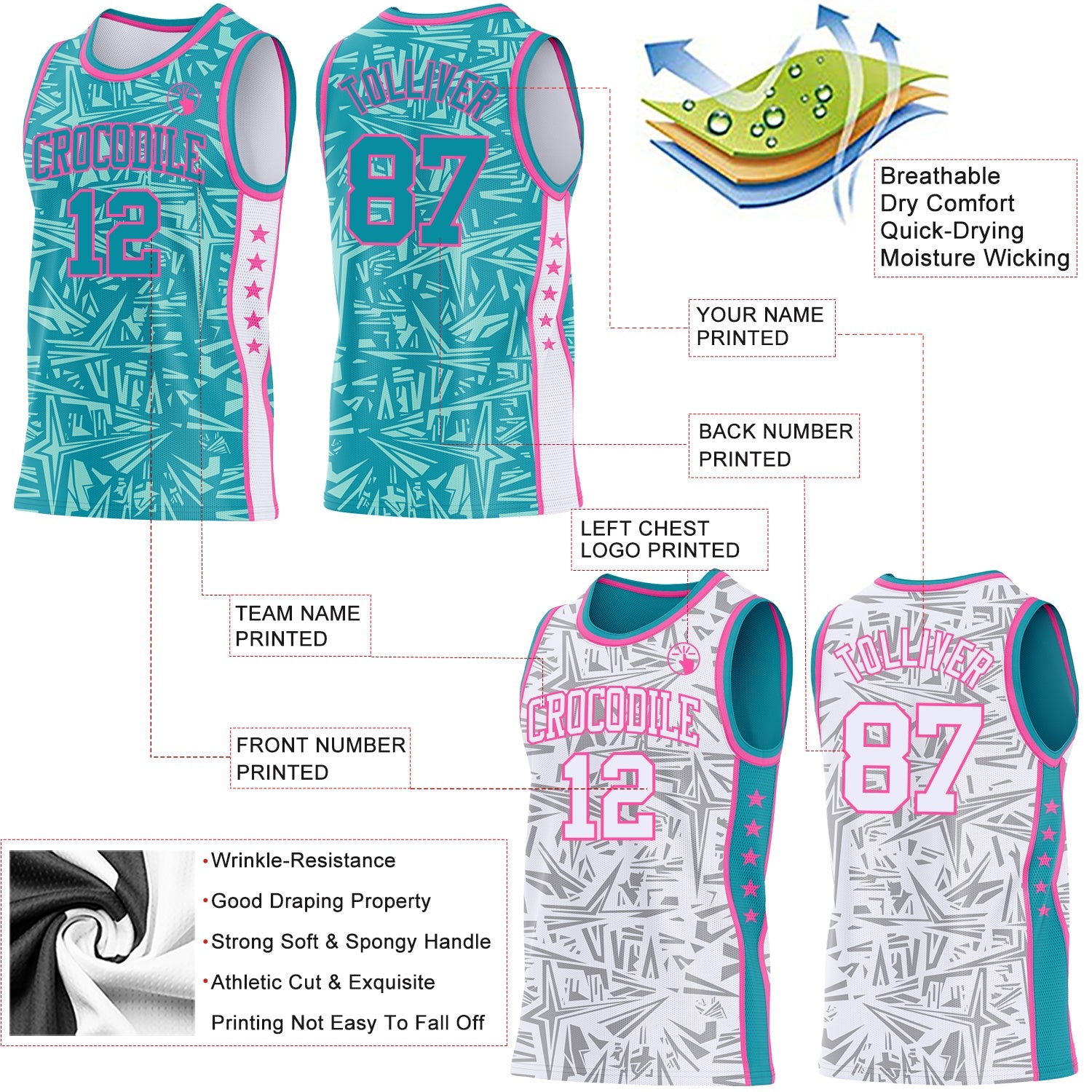Custom Teal Pink-White Side Panel Stripe Stars Geometric Shatter Starburst Reversible Double Side Sublimation Basketball Set Jersey