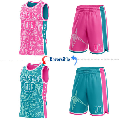 Custom Pink White-Teal Side Panel Stripe Stars Geometric Shatter Starburst Reversible Double Side Sublimation Basketball Set Jersey