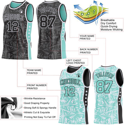 Custom Black White-Ice Blue Side Panel Stripe Stars Geometric Shatter Starburst Reversible Double Side Sublimation Basketball Set Jersey