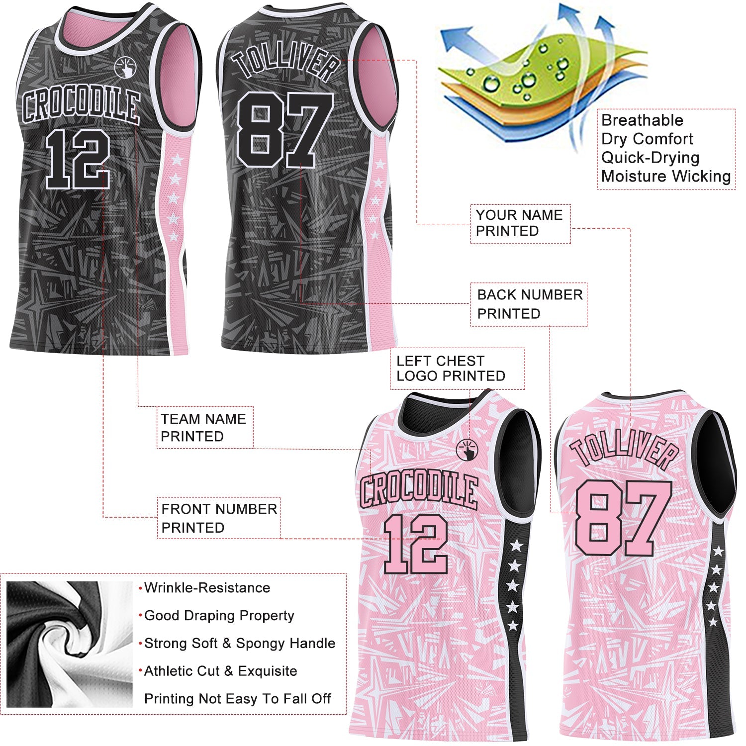 Custom Black White-Light Pink Side Panel Stripe Stars Geometric Shatter Starburst Reversible Double Side Sublimation Basketball Set Jersey