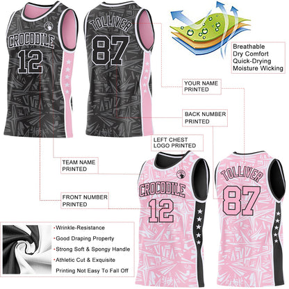 Custom Black White-Light Pink Side Panel Stripe Stars Geometric Shatter Starburst Reversible Double Side Sublimation Basketball Set Jersey