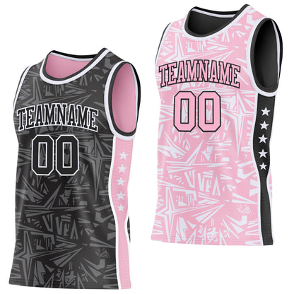 Custom Black White-Light Pink Side Panel Stripe Stars Geometric Shatter Starburst Reversible Double Side Sublimation Basketball Set Jersey