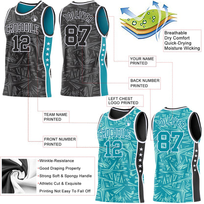 Custom Black White-Teal Side Panel Stripe Stars Geometric Shatter Starburst Reversible Double Side Sublimation Basketball Set Jersey