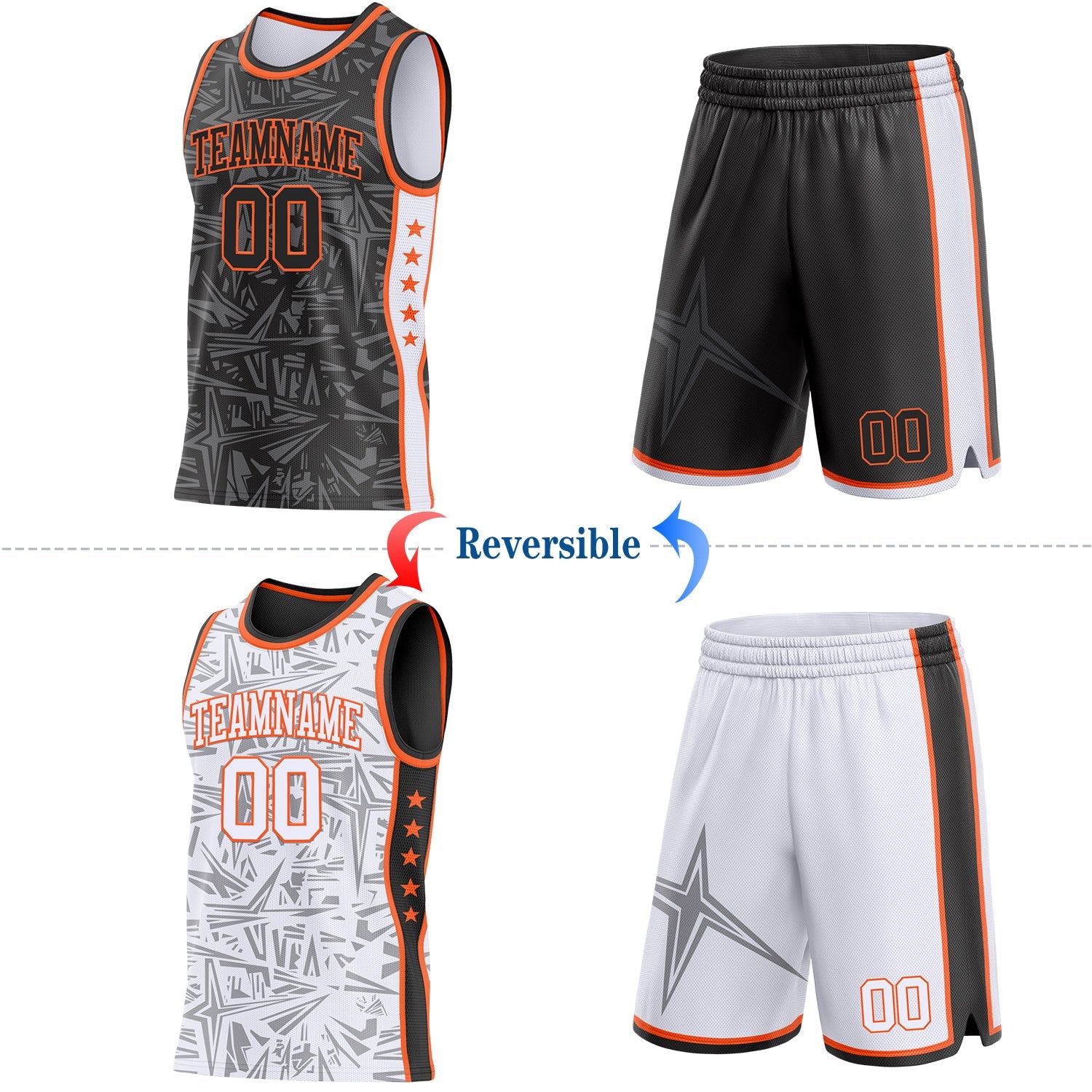Custom Black Orange-White Side Panel Stripe Stars Geometric Shatter Starburst Reversible Double Side Sublimation Basketball Set Jersey