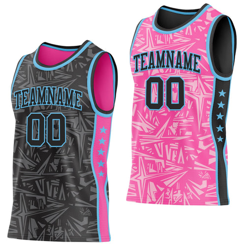 Custom Black Sky Blue-Pink Side Panel Stripe Stars Geometric Shatter Starburst Reversible Double Side Sublimation Basketball Set Jersey