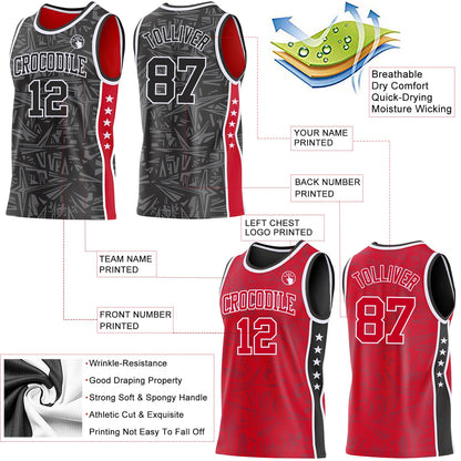 Custom Black White-Red Side Panel Stripe Stars Geometric Shatter Starburst Reversible Double Side Sublimation Basketball Set Jersey