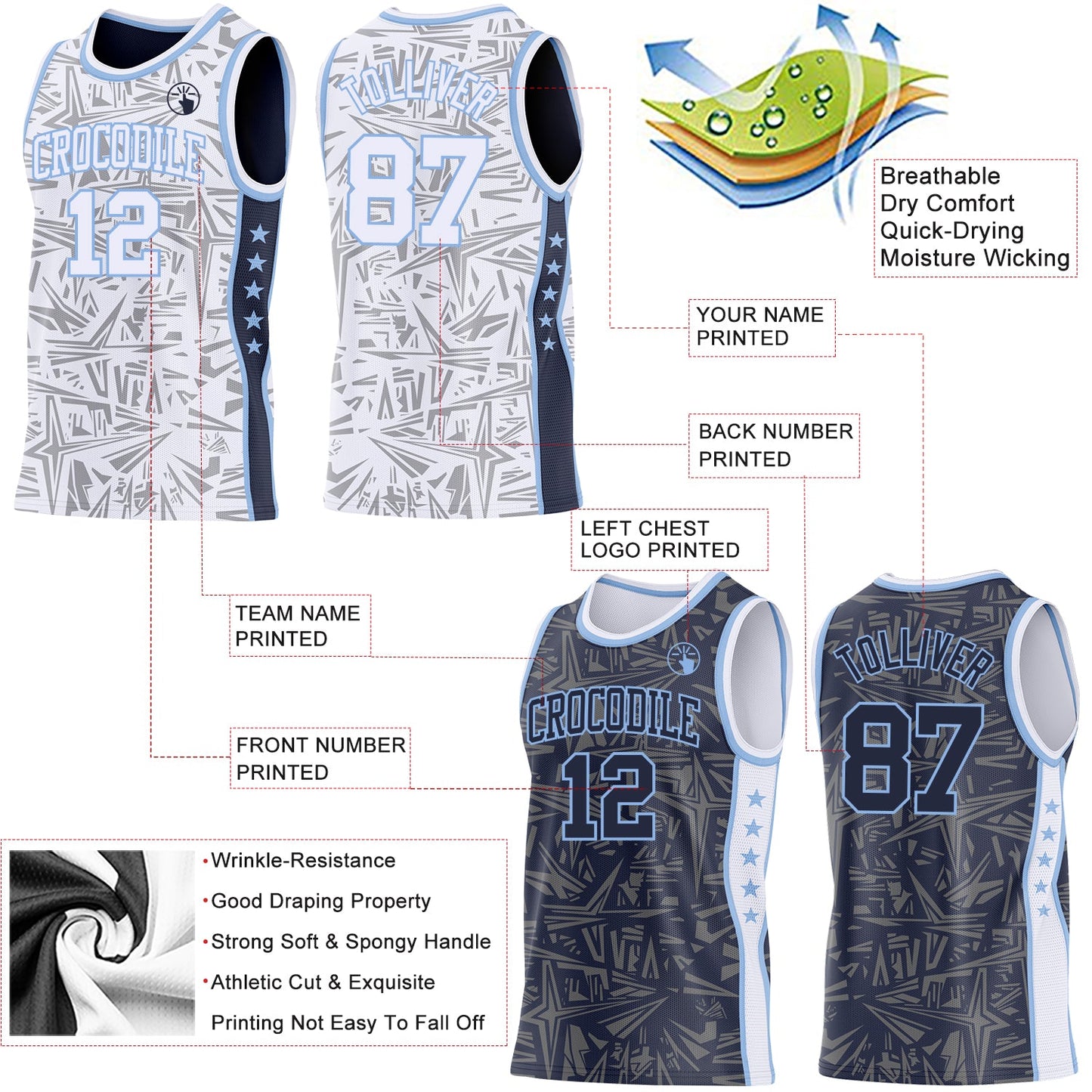 Custom White Light Blue-Navy Side Panel Stripe Stars Geometric Shatter Starburst Reversible Double Side Sublimation Basketball Set Jersey
