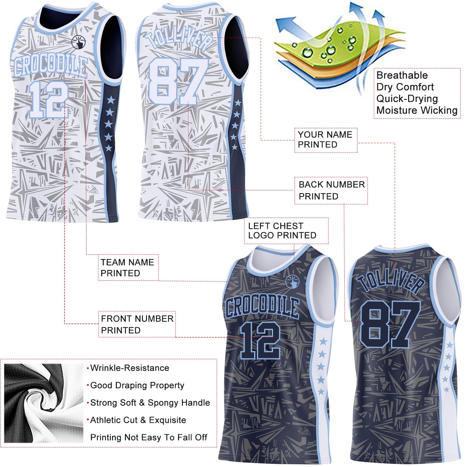 Custom White Light Blue-Navy Side Panel Stripe Stars Geometric Shatter Starburst Reversible Double Side Sublimation Basketball Set Jersey