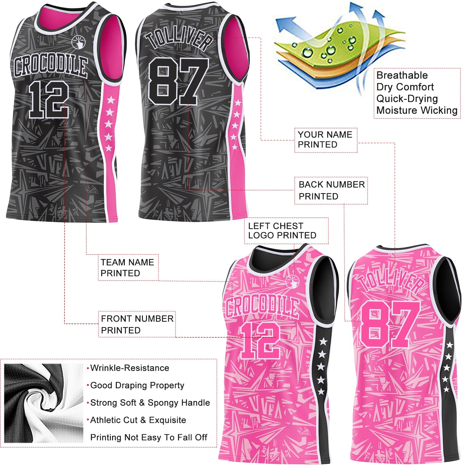 Custom Black White-Pink Side Panel Stripe Stars Geometric Shatter Starburst Reversible Double Side Sublimation Basketball Set Jersey