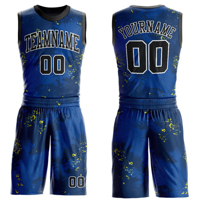 Custom Royal Black-Gold Round Neck Sublimation Basketball Uniform Jersey
