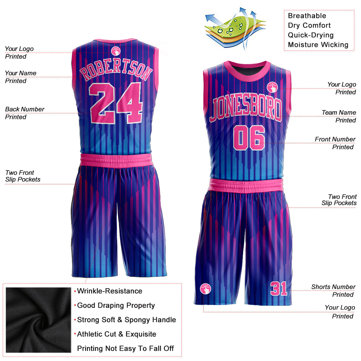 Custom Royal Pink-White Round Neck Sublimation Basketball Uniform Jersey