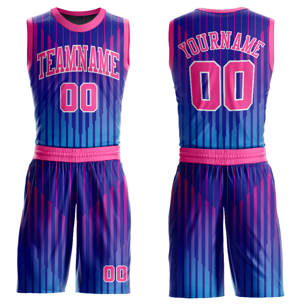 Custom Royal Pink-White Round Neck Sublimation Basketball Uniform Jersey