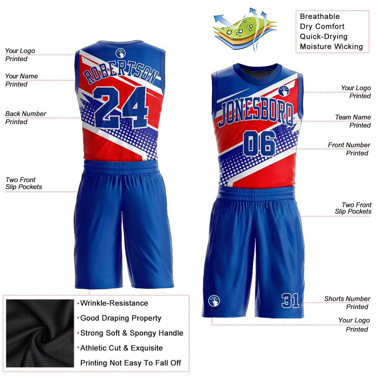 Custom Royal Royal-Red Round Neck Sublimation Basketball Uniform Jersey