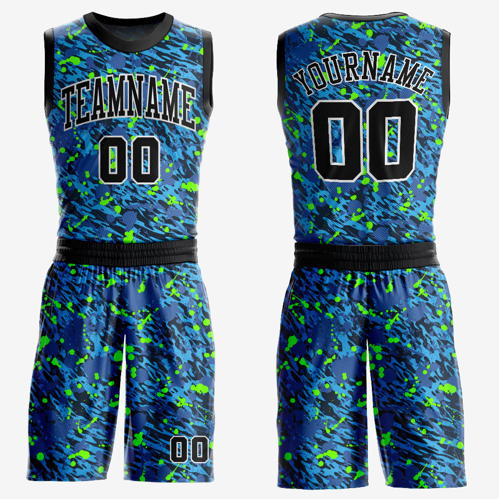 Custom Royal Black-Neon Green Music Festival Round Neck Sublimation Basketball Uniform Jersey