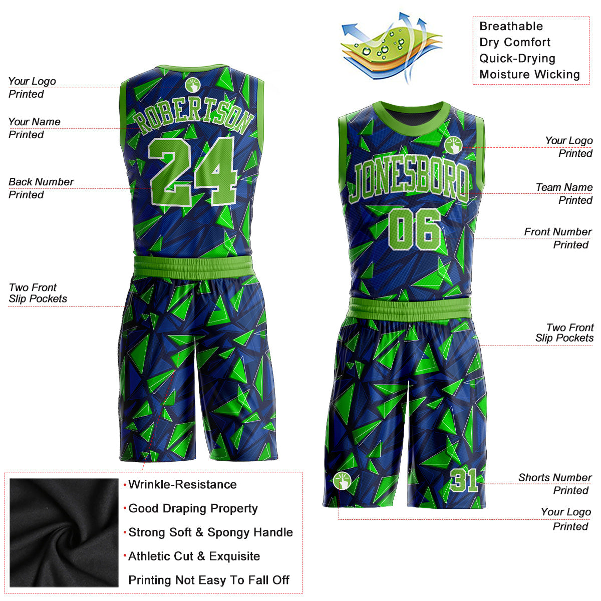 Custom Royal Neon Green-White Round Neck Sublimation Basketball Uniform Jersey