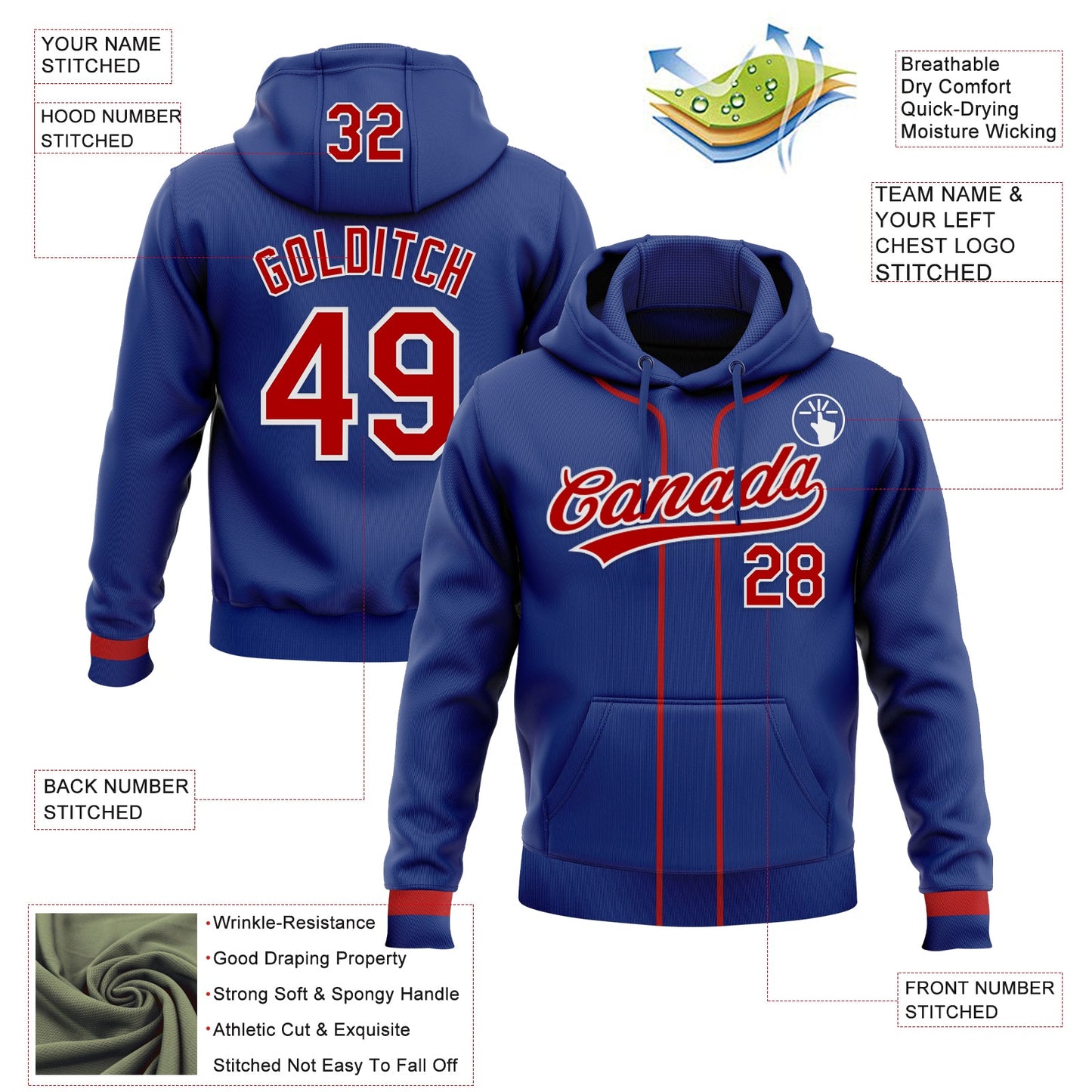Custom Stitched Royal Red-White Baseball Pullover Sweatshirt Hoodie