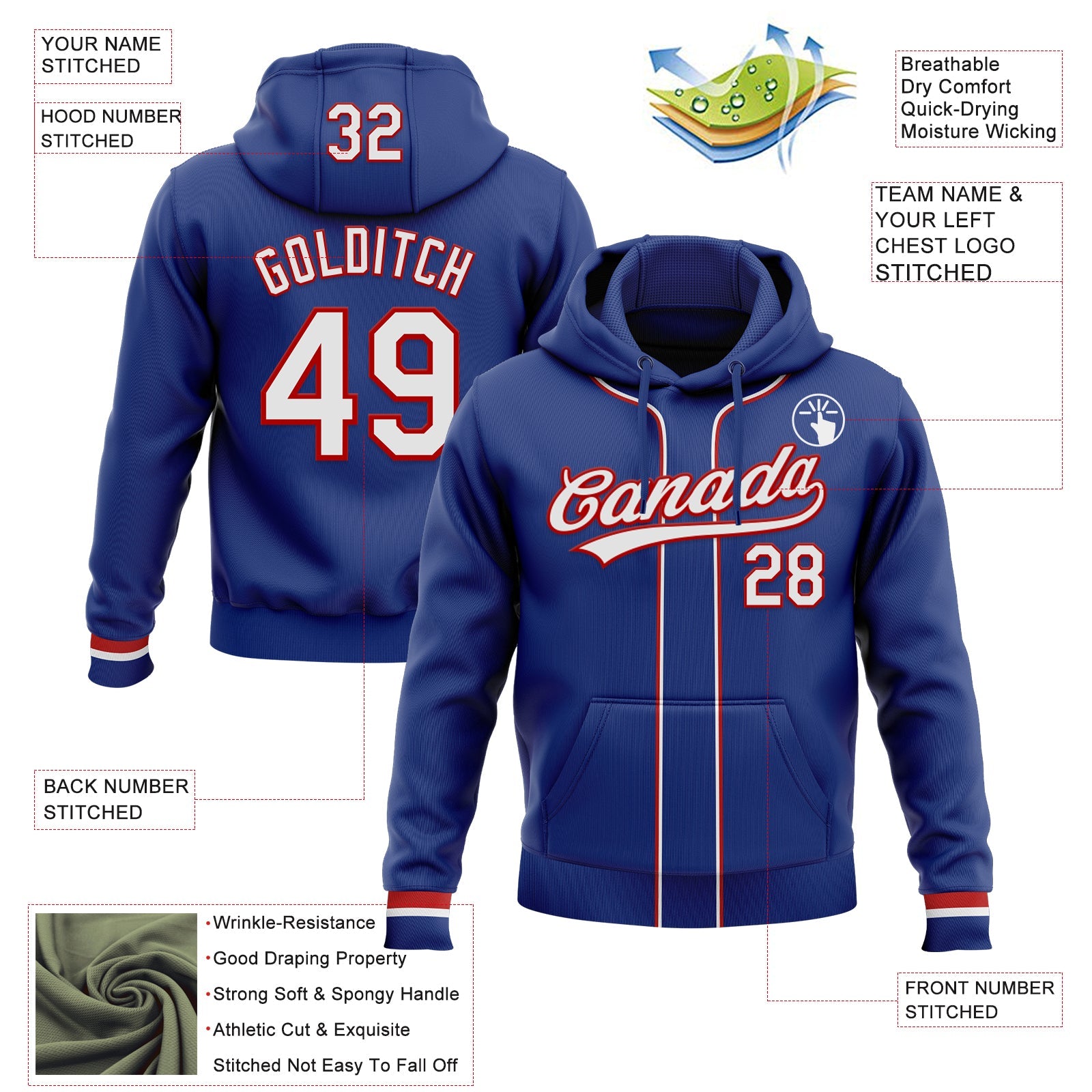 Custom Stitched Royal White-Red Baseball Pullover Sweatshirt Hoodie