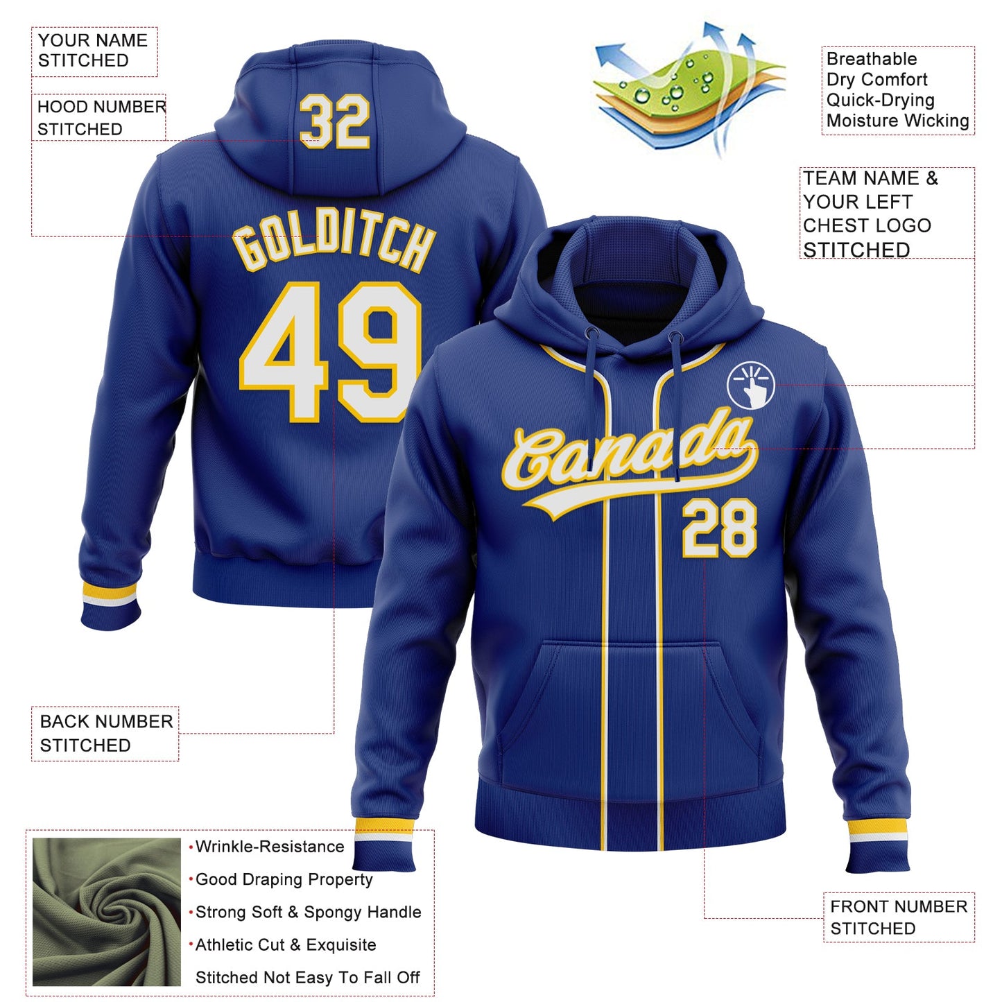 Custom Stitched Royal White-Yellow Baseball Pullover Sweatshirt Hoodie
