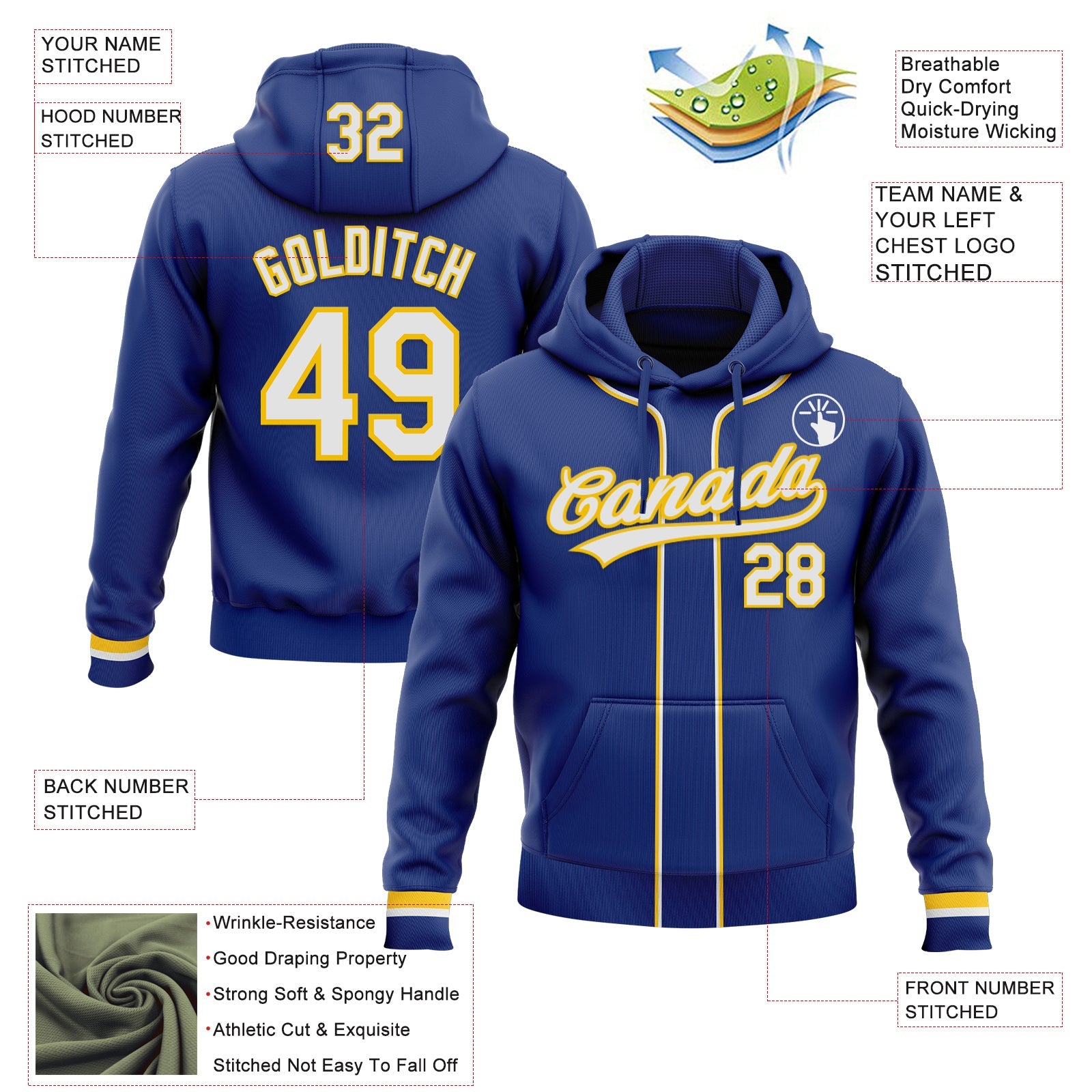 Custom Stitched Royal White-Yellow Baseball Pullover Sweatshirt Hoodie