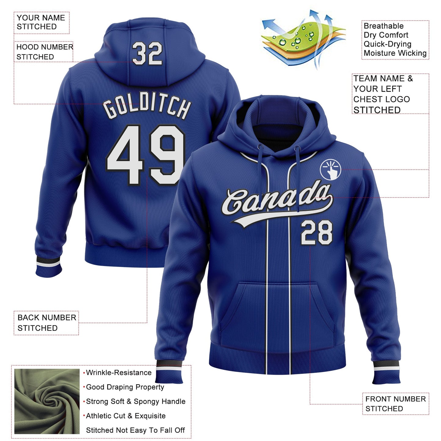 Custom Stitched Royal White-Black Baseball Pullover Sweatshirt Hoodie