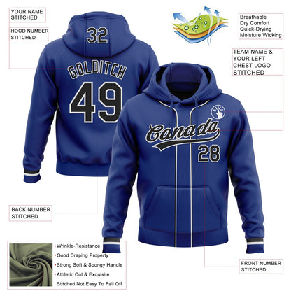 Custom Stitched Royal Black-White Baseball Pullover Sweatshirt Hoodie