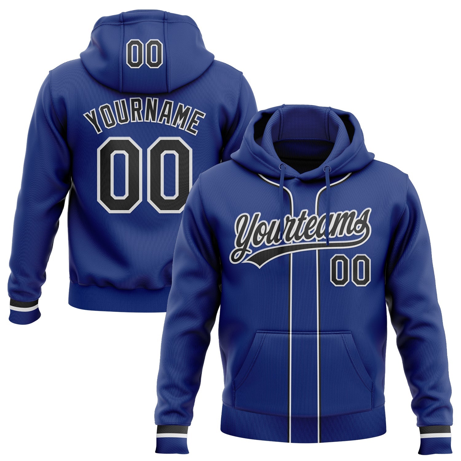 Custom Stitched Royal Black-White Baseball Pullover Sweatshirt Hoodie