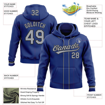Custom Stitched Royal Gray-Black Baseball Pullover Sweatshirt Hoodie