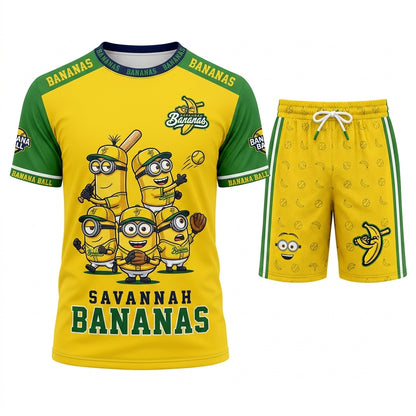 Baseball Fan T-Shirt And Shorts Set, Green Yellow Cartoon Sport Outfit For Summer