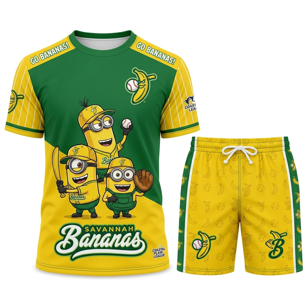 Baseball Fan T-Shirt And Shorts Set, Green Yellow Cartoon Sport Outfit For Summer