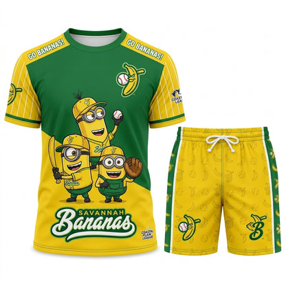Baseball Fan T-Shirt And Shorts Set, Green Yellow Cartoon Sport Outfit For Summer