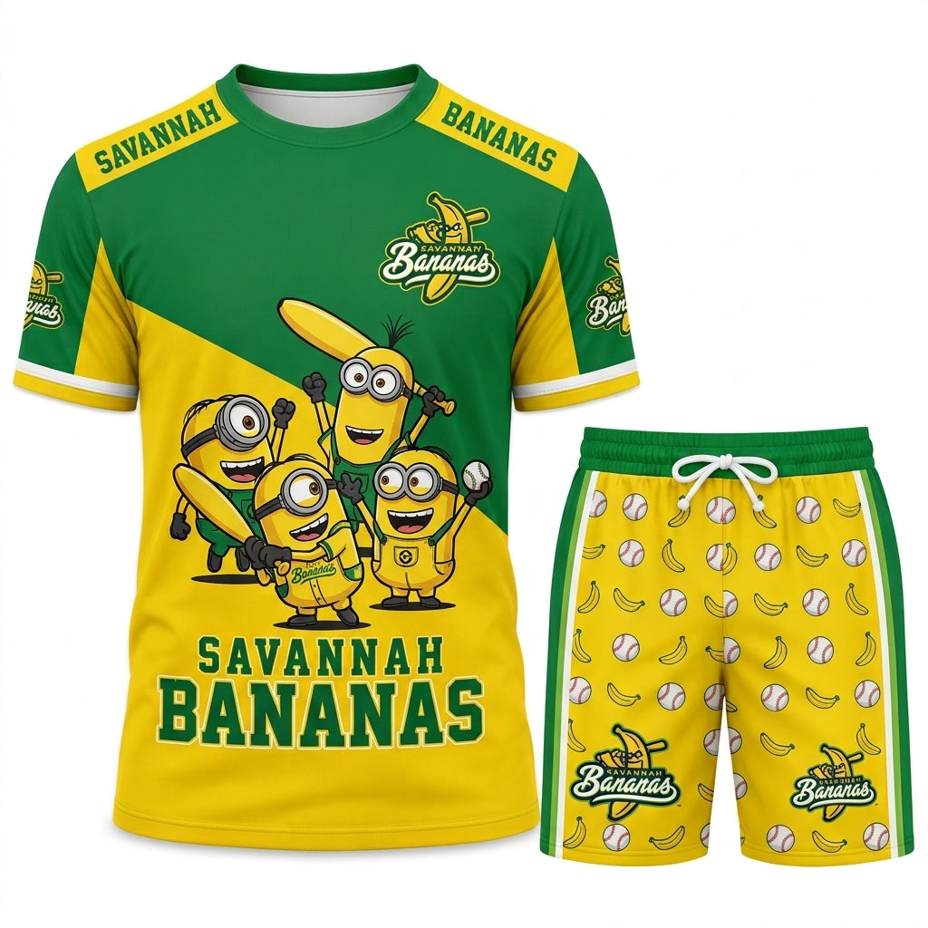 Baseball Fan T-Shirt And Shorts Set, Green Yellow Cartoon Sport Outfit For Summer