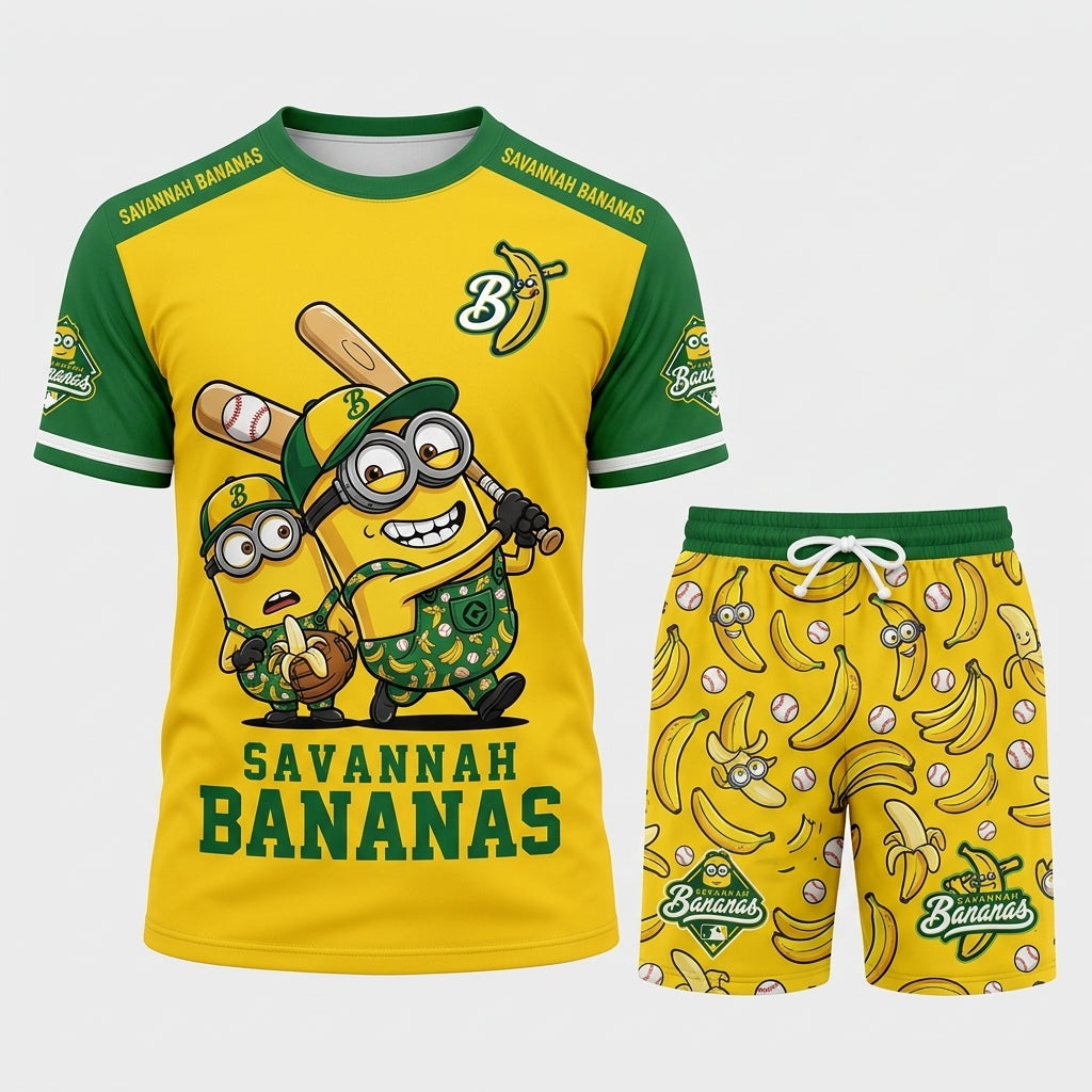 Baseball Fan T-Shirt And Shorts Set, Green Yellow Cartoon Sport Outfit For Summer