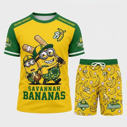 Baseball Fan T-Shirt And Shorts Set, Green Yellow Cartoon Sport Outfit For Summer