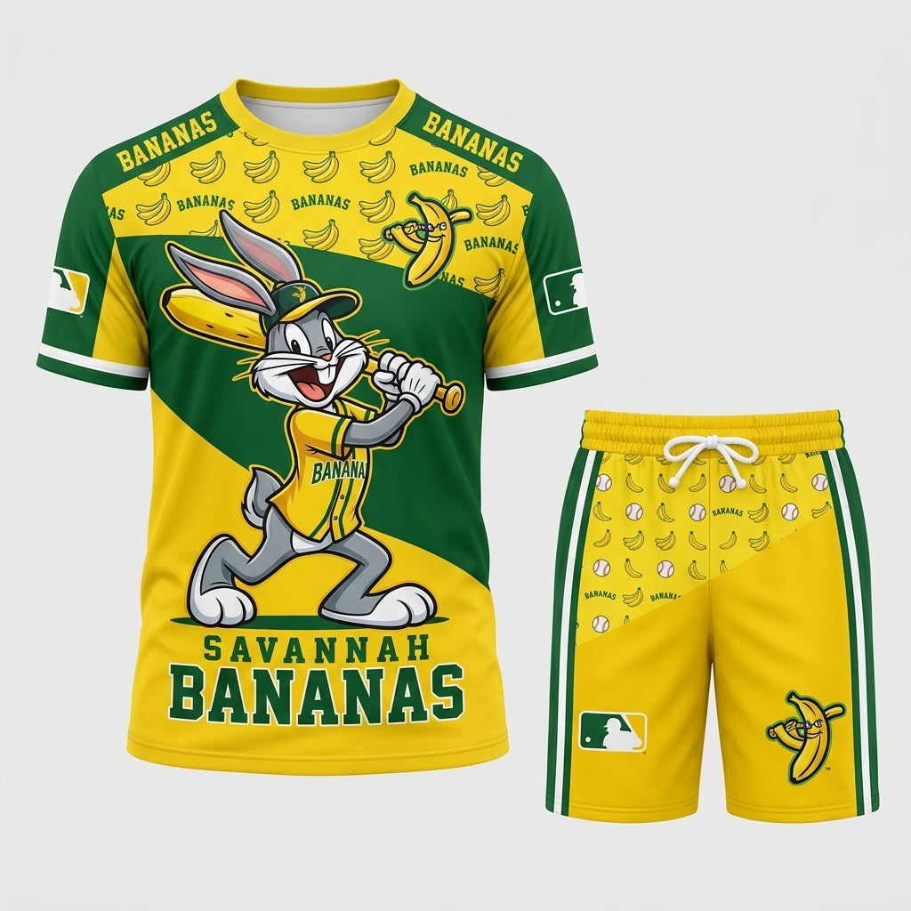 Baseball Fan T-Shirt And Shorts Set, Green Yellow Cartoon Sport Outfit For Summer