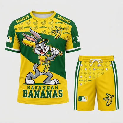 Baseball Fan T-Shirt And Shorts Set, Green Yellow Cartoon Sport Outfit For Summer