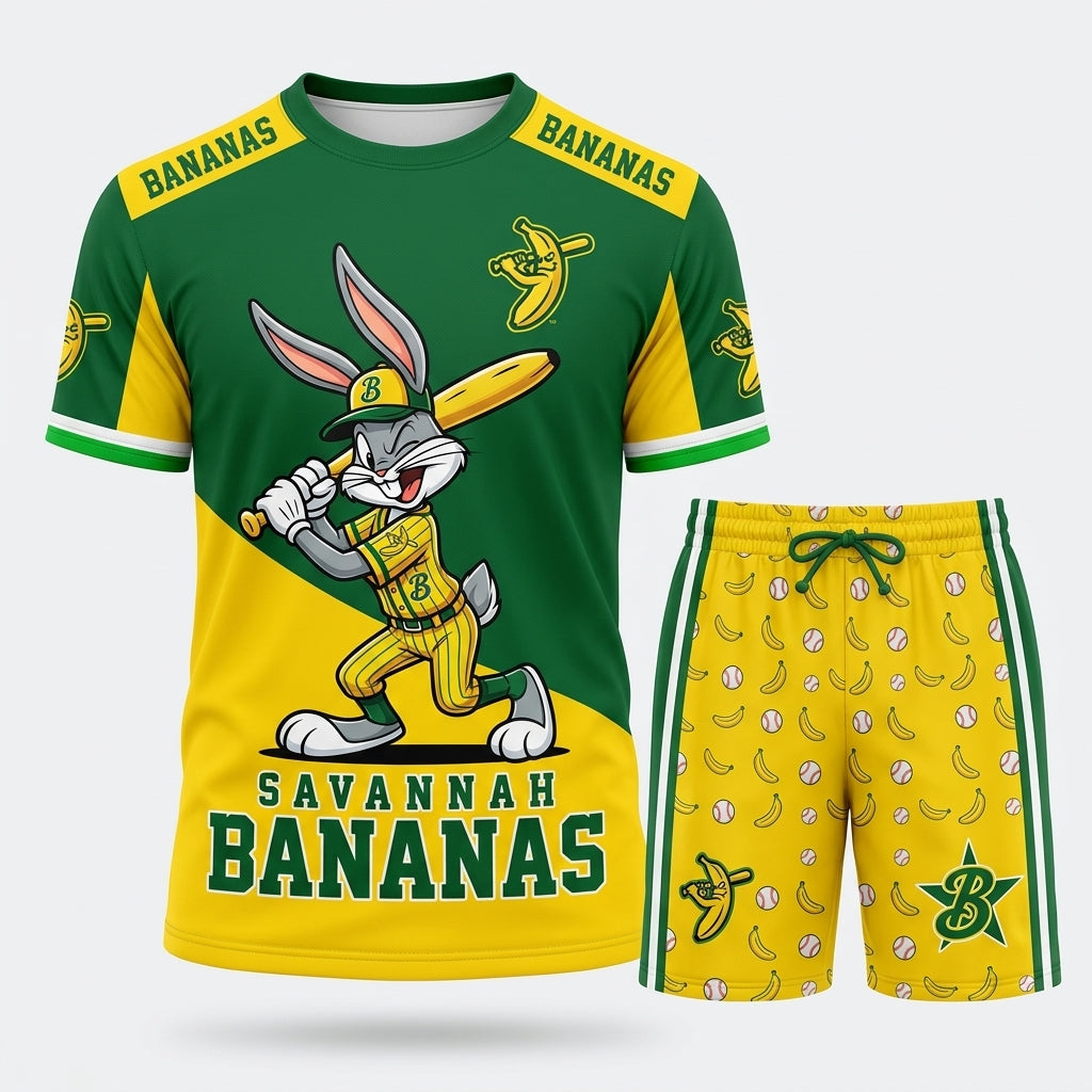 Baseball Fan T-Shirt And Shorts Set, Green Yellow Cartoon Sport Outfit For Summer
