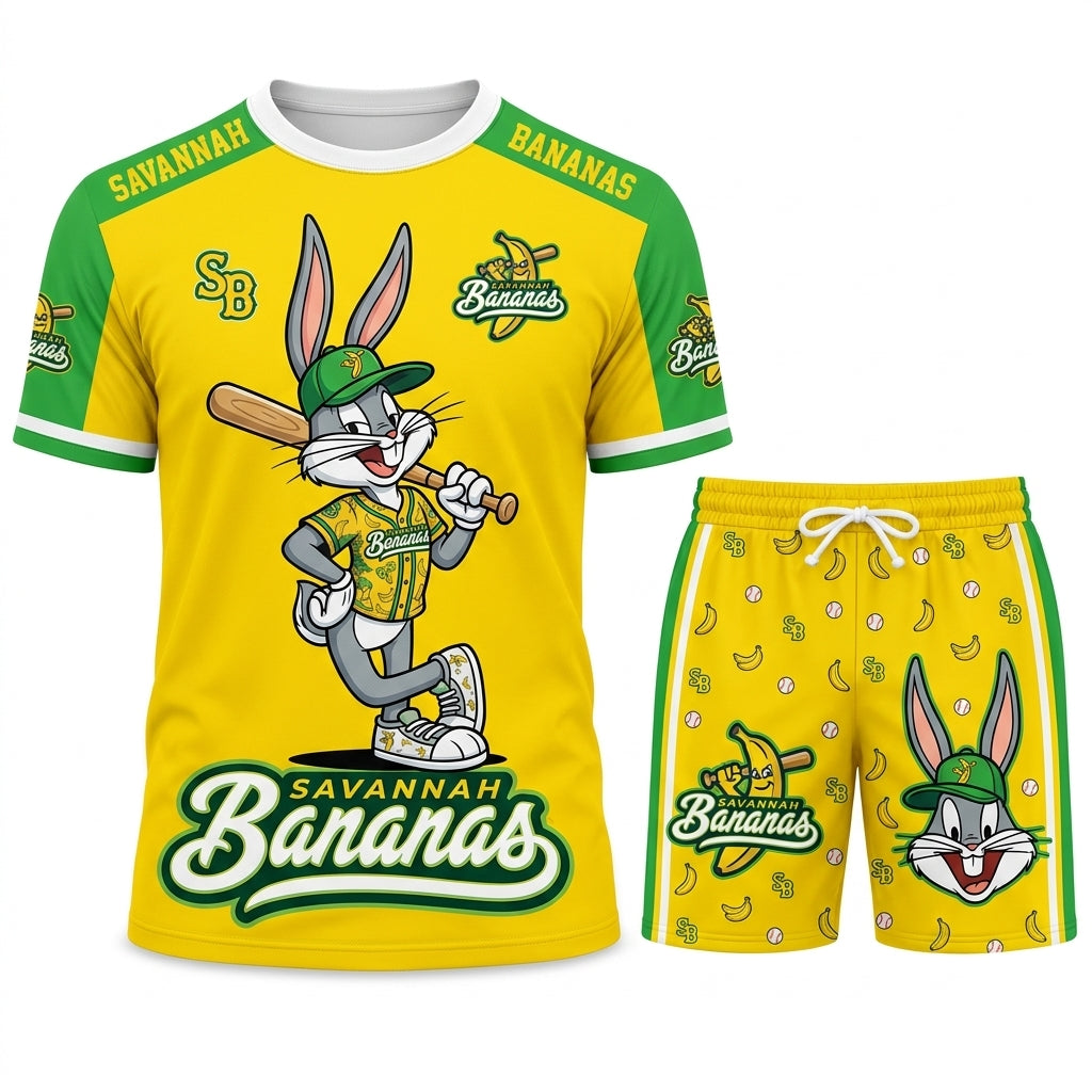 Baseball Fan T-Shirt And Shorts Set, Green Yellow Cartoon Sport Outfit For Summer