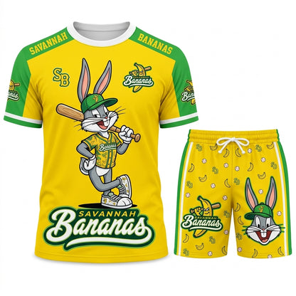 Baseball Fan T-Shirt And Shorts Set, Green Yellow Cartoon Sport Outfit For Summer