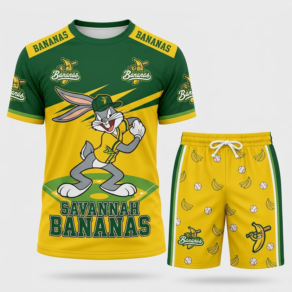 Baseball Fan T-Shirt And Shorts Set, Green Yellow Cartoon Sport Outfit For Summer