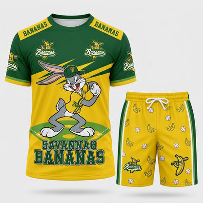 Baseball Fan T-Shirt And Shorts Set, Green Yellow Cartoon Sport Outfit For Summer