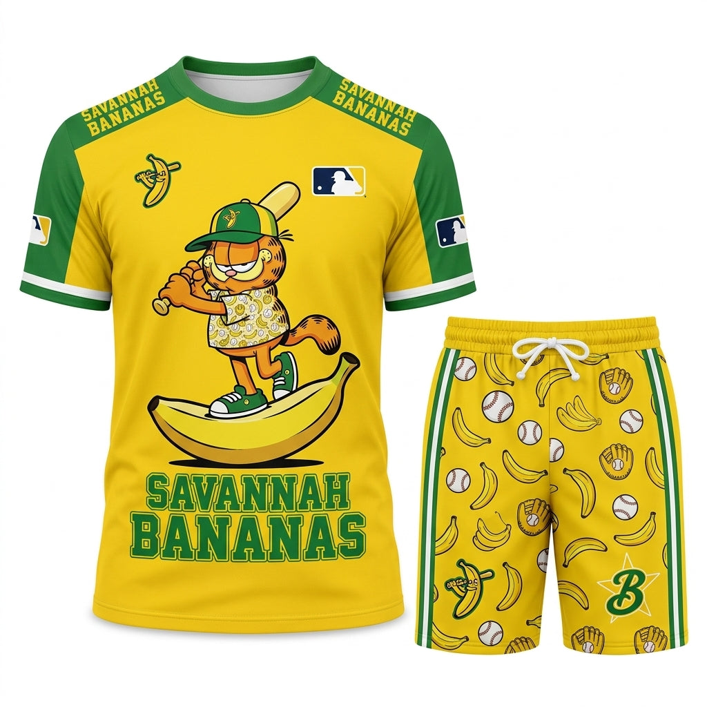 Baseball Fan T-Shirt And Shorts Set, Green Yellow Cartoon Sport Outfit For Summer