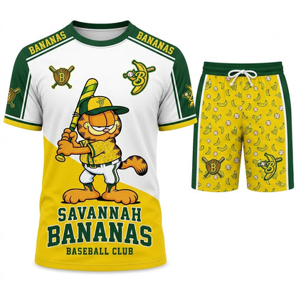 Baseball Fan T-Shirt And Shorts Set, Green Yellow Cartoon Sport Outfit For Summer