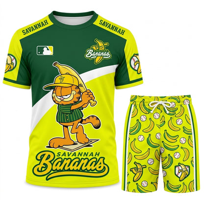 Baseball Fan T-Shirt And Shorts Set, Green Yellow Cartoon Sport Outfit For Summer