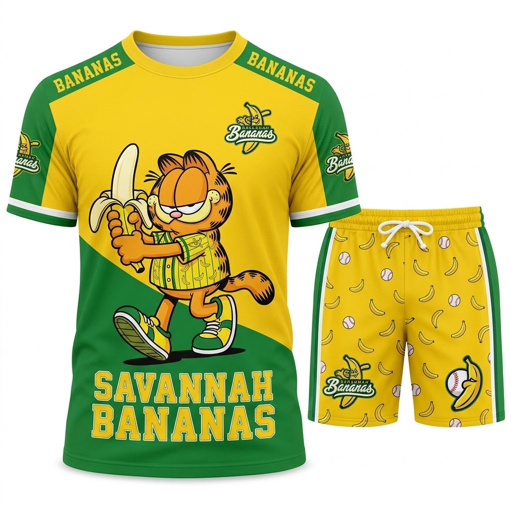 Baseball Fan T-Shirt And Shorts Set, Green Yellow Cartoon Sport Outfit For Summer