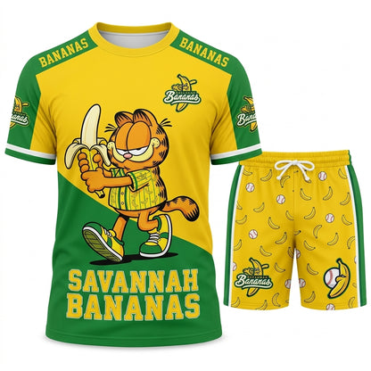 Baseball Fan T-Shirt And Shorts Set, Green Yellow Cartoon Sport Outfit For Summer