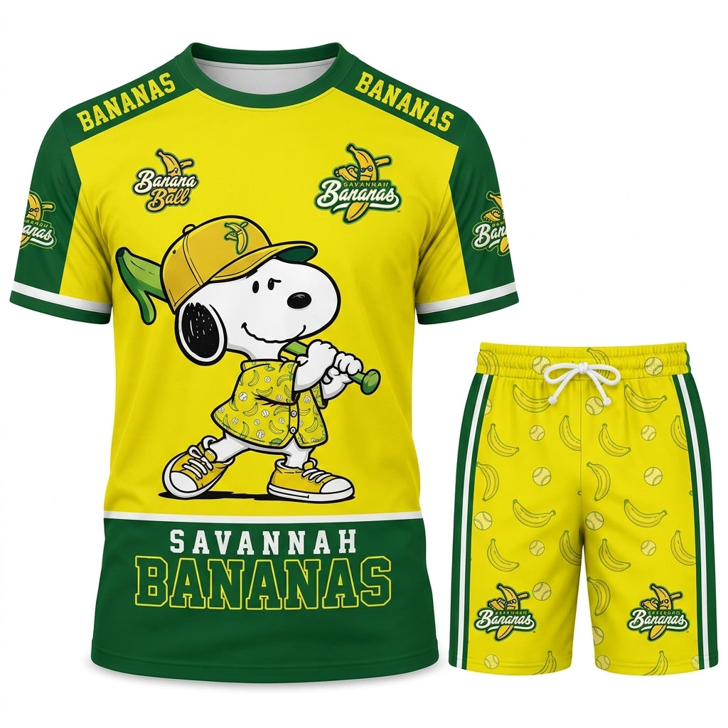 Baseball Fan T-Shirt And Shorts Set, Green Yellow Cartoon Sport Outfit For Summer