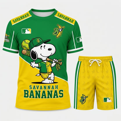 Baseball Fan T-Shirt And Shorts Set, Green Yellow Cartoon Sport Outfit For Summer