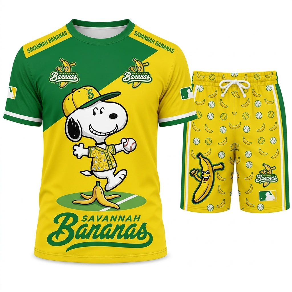 Baseball Fan T-Shirt And Shorts Set, Green Yellow Cartoon Sport Outfit For Summer